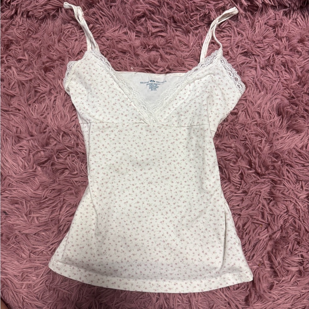 Brandy Melville White Floral Lace Cami with Pink Accents